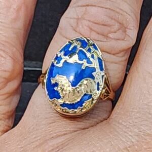 Estate 14k YG Lapis Lazuli Cabochon Pear Cut Inlaid Tiger Bamboo Ring